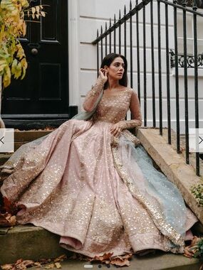 Blush Pink Maxi Gown with Pale Blue Draped Accent